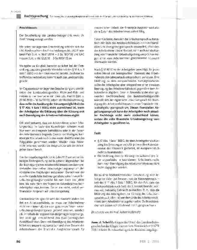 Vorschauseite 6: Zur Kürzung des Urlaubsabgeltungsanspruchs nach Ende der Elternzeit und nach Beendigung des Arbeitsverhältnisses