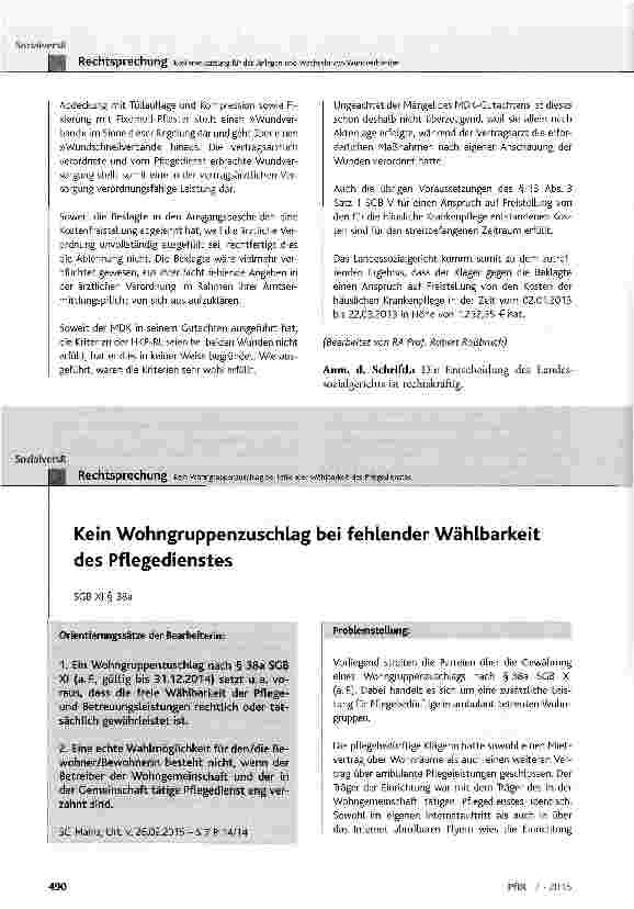 Vorschauseite 1: Kein Wohngruppenzuschlag bei fehlender Wählbarkeit des PflegedienstesSGB XI § 38a
