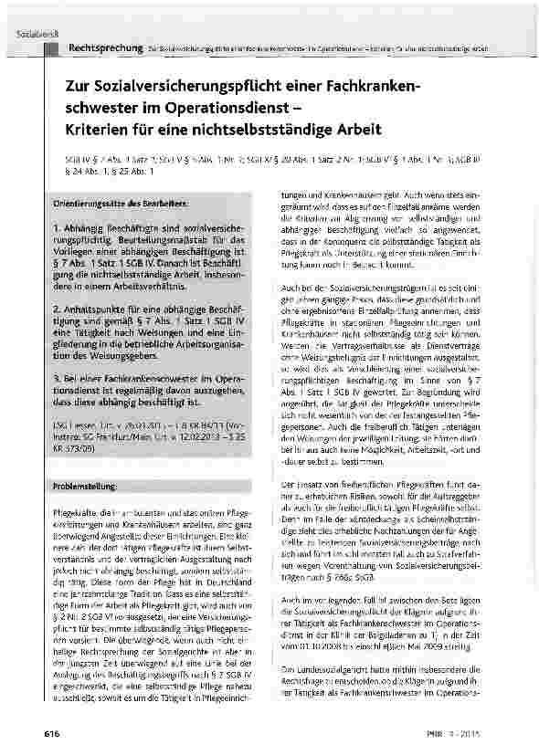 Vorschauseite 1: Zur Sozialversicherungspflicht einer Fachkrankenschwester im Operationsdienst -Kriterien für eine nichtselbstständige Arbeit