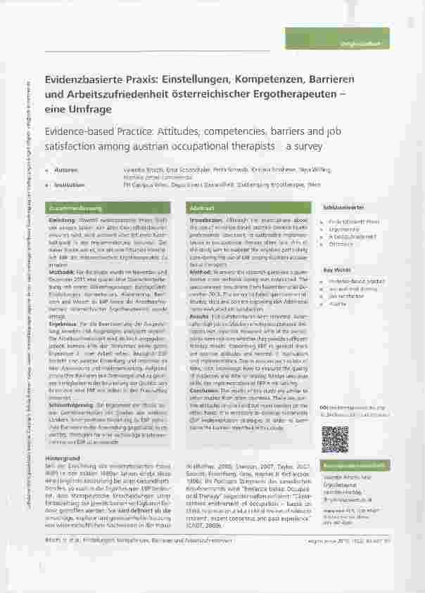 Vorschauseite 1: Evídenzbasierte Praxis: Einstellungen, Kompetenzen, Barrieren und Arbeitszufriedenheit österreichischer Ergotherapeuten - eine Umfrage