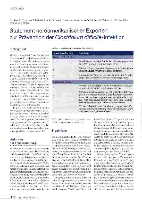 Vorschauseite 1: Statement nordamerikanischer Experten zur Prävention der Closthdium difficile-Infektion