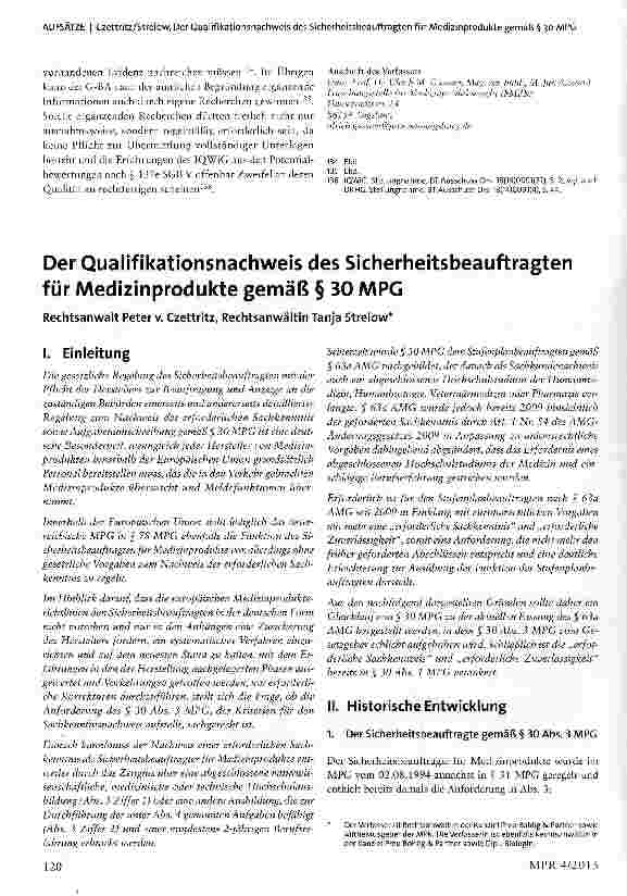 Vorschauseite 1: Der Qualifikationsnachweis des Sicherheitsbeauftragten für Medizinprodukte gemäß § 30 MPG