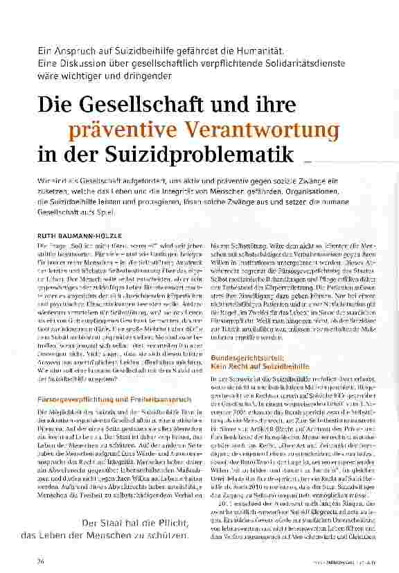 Vorschauseite 1: Die Gesellschaft und ihre präventive Verantwortung in der Suizidproblematik