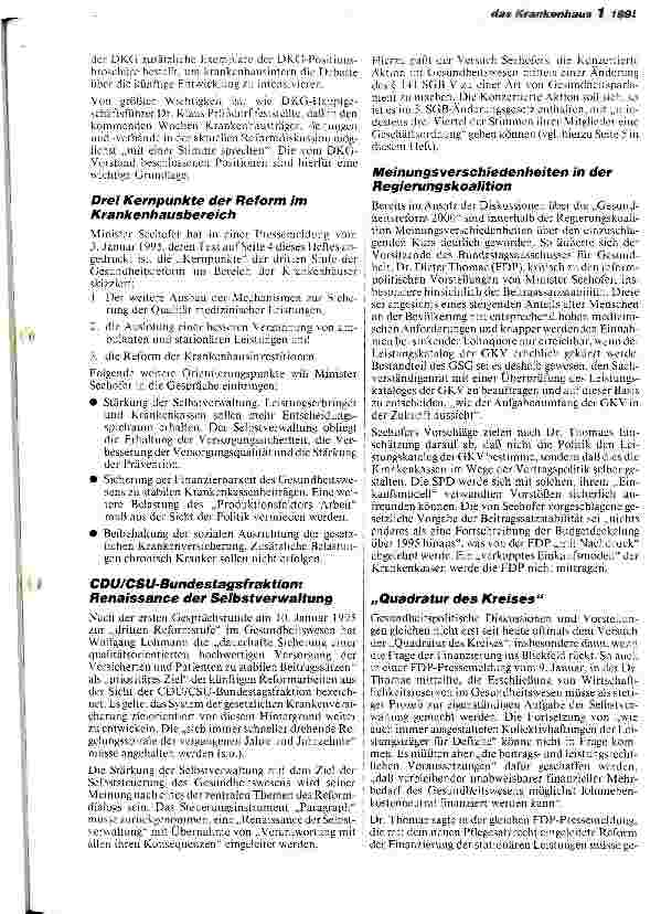 Vorschauseite 2: Gesundheitsreform 2000 Gespräch Seehofer - DKG am 31.Januar/1. Februar 1995 Drei Kernpunkte der künftigen Krankenhausreform
