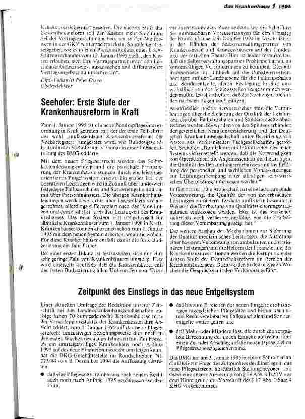 Vorschauseite 4: Gesundheitsreform 2000 Gespräch Seehofer - DKG am 31.Januar/1. Februar 1995 Drei Kernpunkte der künftigen Krankenhausreform