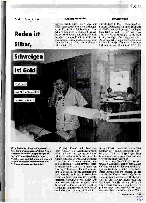 Vorschauseite 1: Reden ist Silber, Schweigen ist Gold Auskunftund Schweigepflicht im Krankenhaus