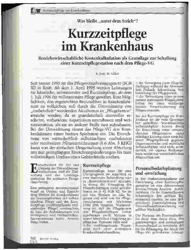 Vorschauseite 1: Kurzzeitpflege im Krankenhaus Betriebswirtschaftliche Kostenkalkulation als Grundlage zur Schaffung einer Kurzzeitpflegestation nach dem Pflege-VG