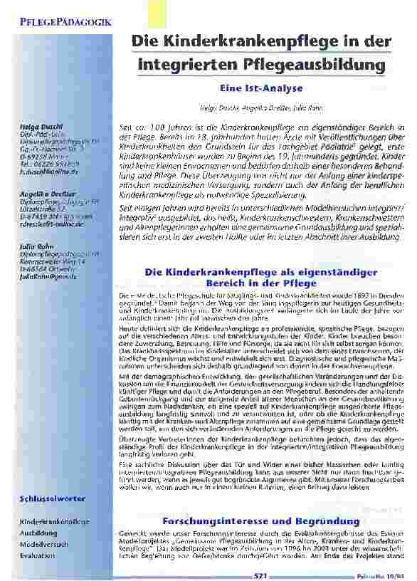 Vorschauseite 1: Die Kinderkrankenpflege in der integrierten PflegeausbildungEine Ist-Analyse