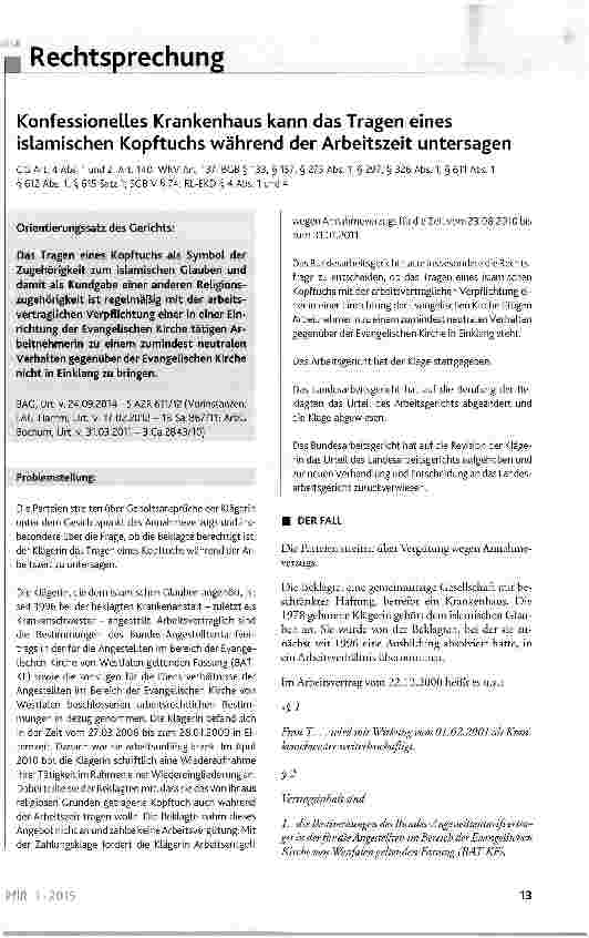 Vorschauseite 1: Konfessionelles Krankenhaus kann das Tragen eines islamischen Kopftuchs während der Arbeitszeit untersagen