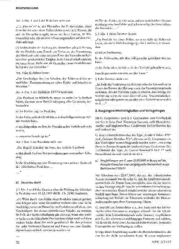 Vorschauseite 2: Medizinproduktehaftung für Implantate: Erhöhtes Ausfallrisiko innerhalb einer Produktserie als ProduktfehlerArt. 1, 6 Abs. 1 und 9 Satz 1 Buchst a Richtlinie 85/374/EWG