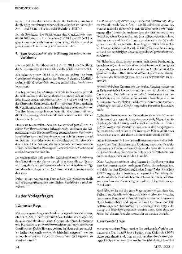 Vorschauseite 4: Medizinproduktehaftung für Implantate: Erhöhtes Ausfallrisiko innerhalb einer Produktserie als ProduktfehlerArt. 1, 6 Abs. 1 und 9 Satz 1 Buchst a Richtlinie 85/374/EWG