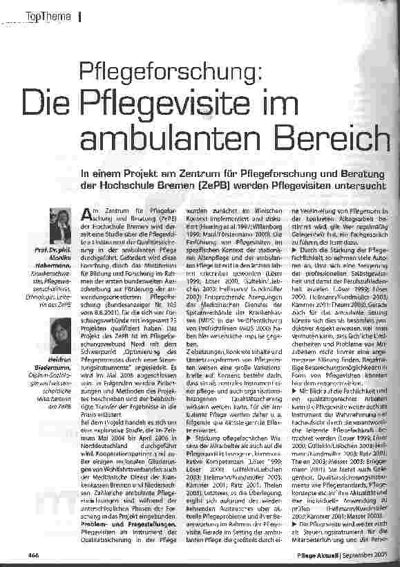 Vorschauseite 1: Die Pflegeforschung: Pflegevisite im ambulanten Bereich