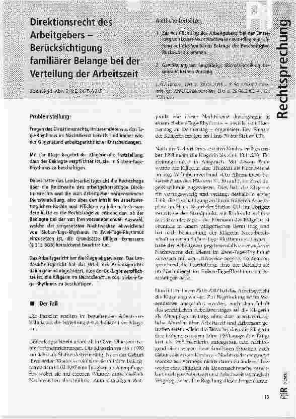 Vorschauseite 1: Direktionsrecht des Arbeitgebers -Berücksichtigung familiärer Belange bei der Verteilung der Arbeitszeit