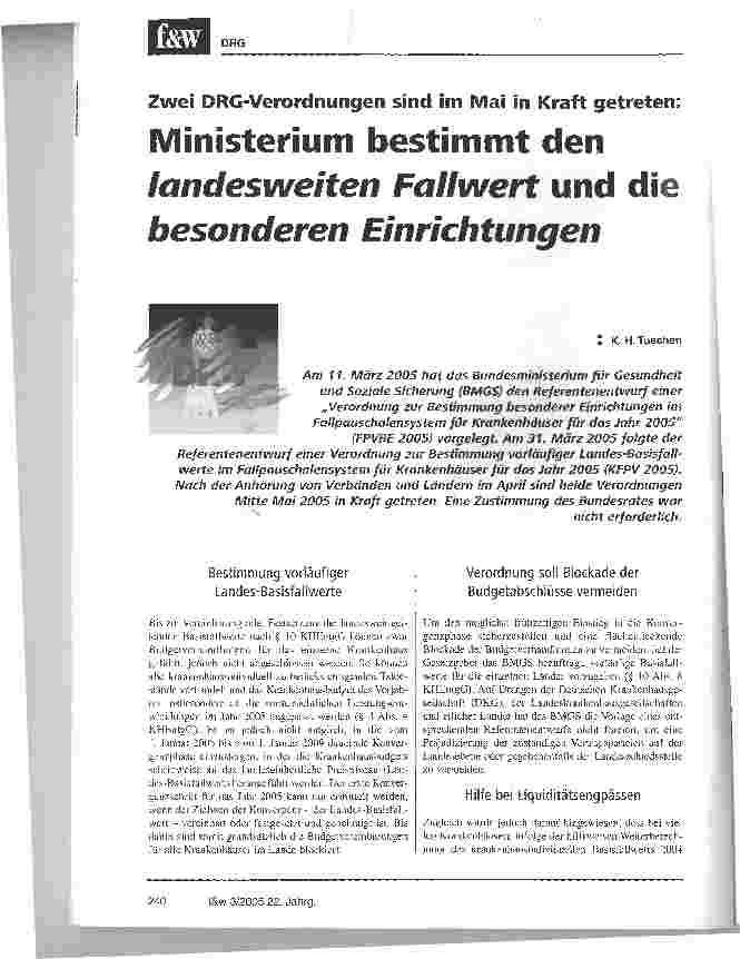 Vorschauseite 1: Zwei DRG-Verordnungen sind im Mai in Kraft getreten:Ministerium bestimmt den landesweiten Fallwert und die besonderen Einrichtungen