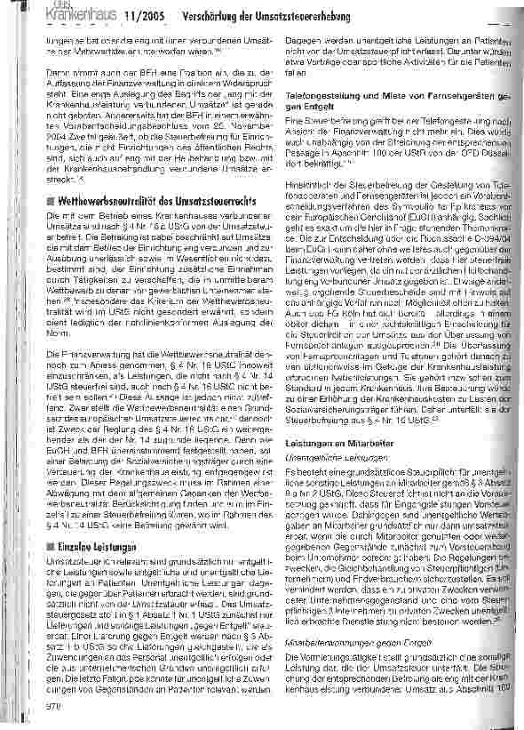 Vorschauseite 4: Kritische Anmerkungen zur Verschärfung der UmsatzsteuererhebungDie eng mit den steuerfreien Krankenhausleistungen verbundenen Umsätze seit der Änderung des Abschnitts 100 der UStR