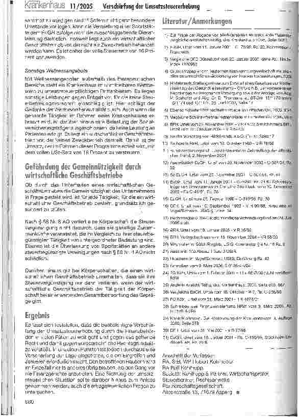 Vorschauseite 6: Kritische Anmerkungen zur Verschärfung der UmsatzsteuererhebungDie eng mit den steuerfreien Krankenhausleistungen verbundenen Umsätze seit der Änderung des Abschnitts 100 der UStR