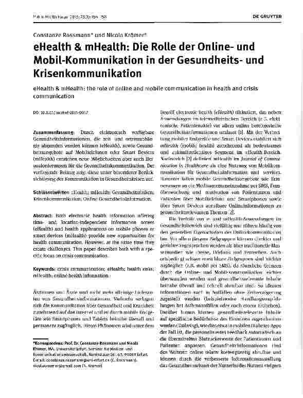 Vorschauseite 1: eHealth & mHealth: Die Rolle der Onlineund Mobil-Kommunikation in der Gesundheitsund Krisenkommunikation