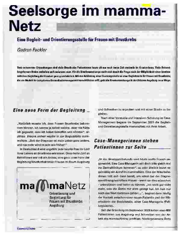 Vorschauseite 1: Seelsorge im mamma - NetzEine Begleifund Orientierungsstelle für Frauen mit Brustkrebs