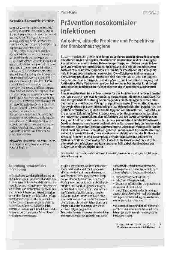 Vorschauseite 1: Prävention nosokomialer InfektionenAufgaben, aktuelle Probleme und Perspektiven der Krankenhaushygiene