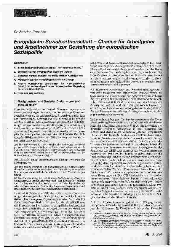 Vorschauseite 1: Europäische Sozialpartnerschaft - Chance für Arbeitgeber und Arbeitnehmer zur Gestaltung der europäischen Sozialpolitik
