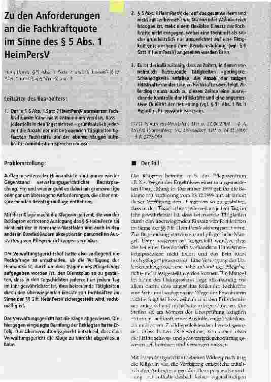 Vorschauseite 1: Zu den Anforderungen an die Fachkraftquote im Sinne des § 5 Abs. 1 HeimPersV