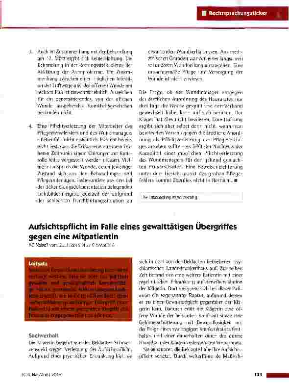Vorschauseite 1: Aufsichtspflicht im Falle eines gewalttätigen Übergriffes gegen eine MitpatientinAG Kassel vom 29.1.2015 (435 C 5598/13)