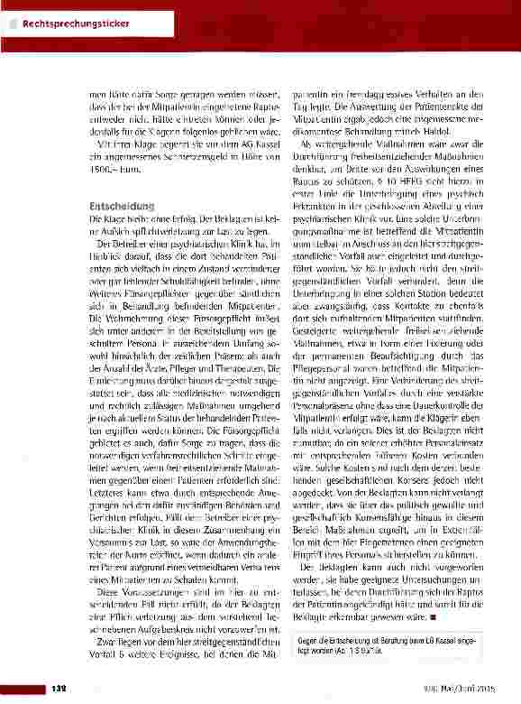 Vorschauseite 2: Aufsichtspflicht im Falle eines gewalttätigen Übergriffes gegen eine MitpatientinAG Kassel vom 29.1.2015 (435 C 5598/13)