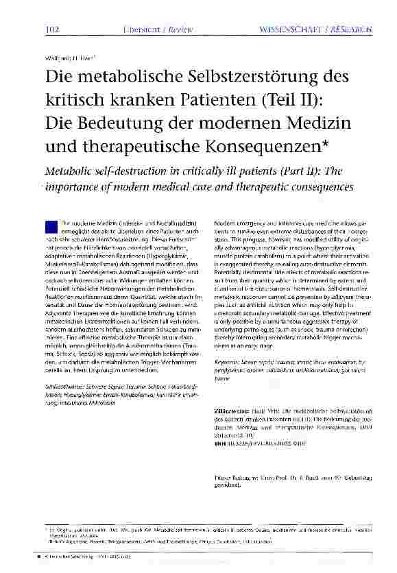 Vorschauseite 1: Die metabolische Selbstzerstörung des kritisch kranken Patienten (Teil II): Die Bedeutung der modernen Medizin und therapeutische Konsequenzen