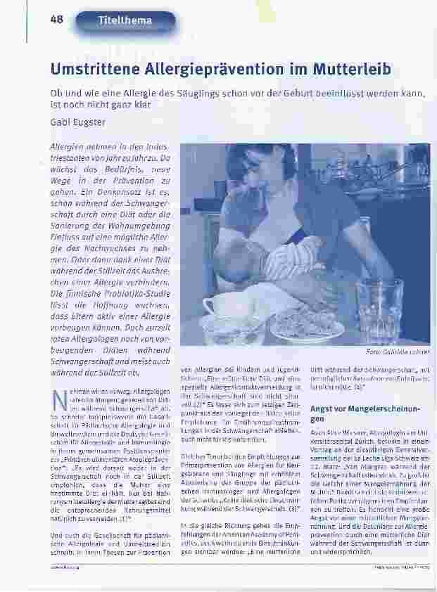 Vorschauseite 1: Umstrittene Allergieprävention im MutterleibOb und wie eine Allergie des Säuglings schon vor der Geburt beeinflusst werden kann, ist noch nicht ganz klar