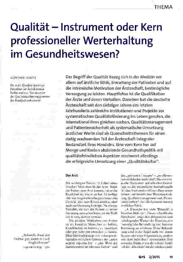 Vorschauseite 1: Qualität - Instrument oder Kern professioneller Werterhaltung im Gesundheitswesen?