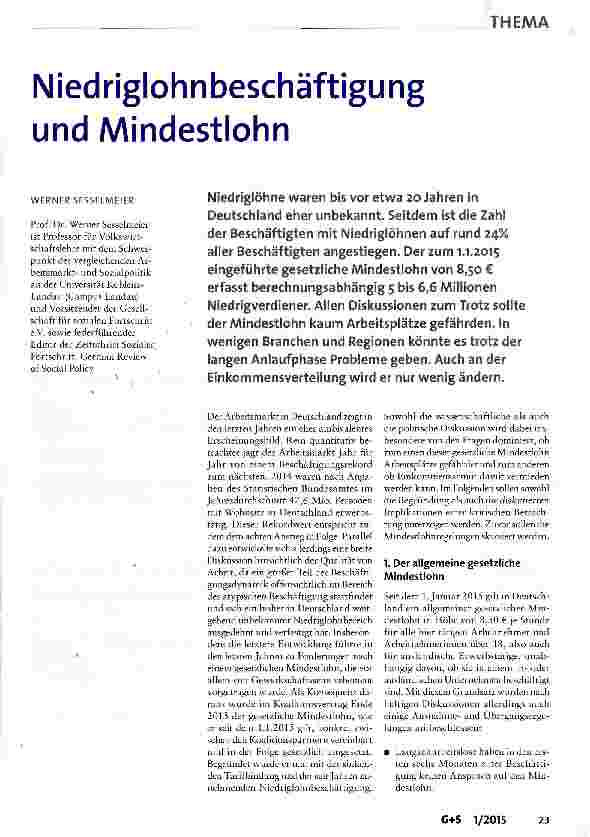 Vorschauseite 1: Niedriglohnbeschäftigung und Mindestlohn