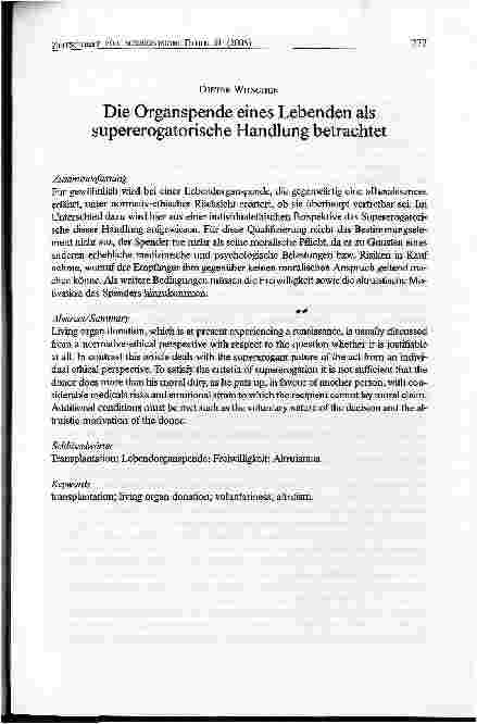 Vorschauseite 1: Die Organspende eines Lebenden als supererogatorische Handlung betrachtet