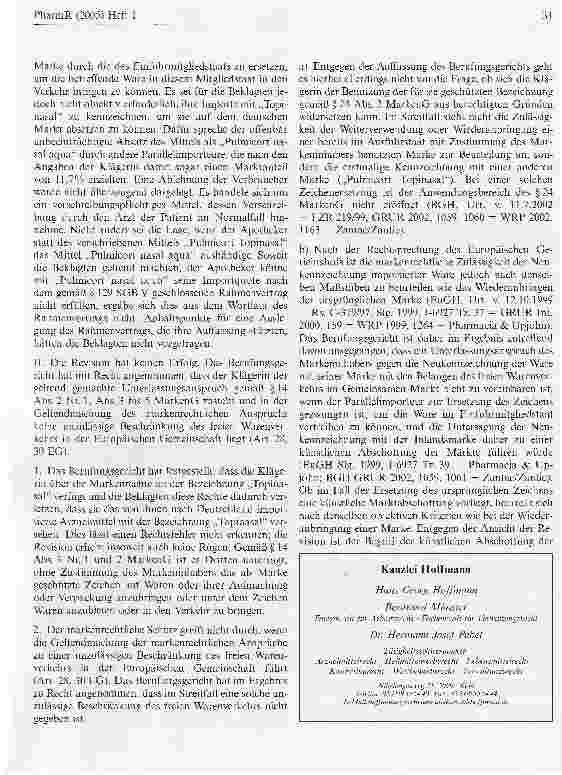 Vorschauseite 2: Zur Frage der Erforderlichkeit der Umbenennung eines importiertenArzneimittels (Topinasal)BGH, Urteil vom 30. September 2004 - I ZR 207/02