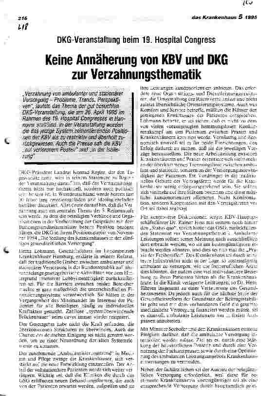 Vorschauseite 1: Keine Annäherung von KBV und DKG zur Verzahnungstechnik DKG-Veranstaltung beim 19. Hospital Congress