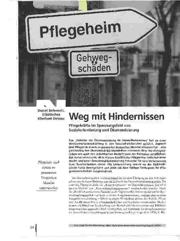 Vorschauseite 1: Weg mit HindernissenPflegekräfte im Spannungsfeld von Sozialorientierung und Ökonomisierung