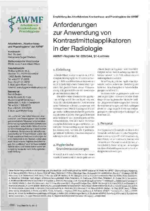 Vorschauseite 1: Anforderungen zur Anwendung von Kontrastmittelapplikatoren in der Radiologie AWMF-Register Nr. 029/044, S1 -Leitlinie