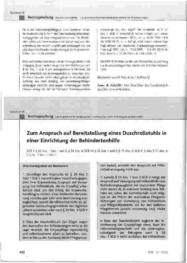 Vorschauseite 1: Zum Anspruch auf Bereitstellung eines Duschrollstuhls in einer Einrichtung der Behindertenhilfe