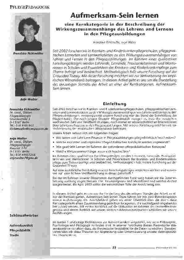 Vorschauseite 1: Aufmerksam Sein lerneneine Kernkategorie in der Beschreibung der Wirkungszusammenhänge des Lehrens und Lernensin den Pflegeausbildungen