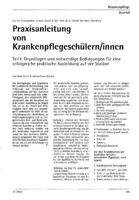Vorschauseite 1: Praxisanleitung von Krankenpflegeschülern/innen Teil I: Grundlagen und notwendige Bedingungen für eine erfolgreiche praktische Ausbildung auf der Station