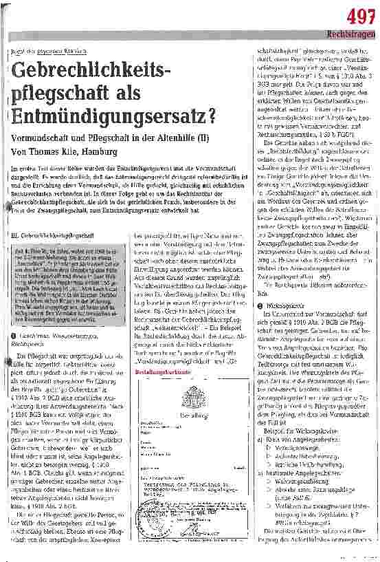Vorschauseite 1: Gebrechlichkeitspflegschaft als Entmündigungsersatz? Vormundschaft und Pflegschaft in der Altenhilfe (II)