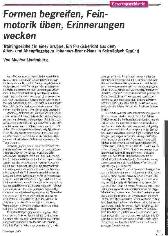 Vorschauseite 1: Formen begreifen, Feinmotorik üben, Erinnerungen wecken Trainingseinheit in einer Gruppe. Ein Praxisbericht aus dem Altenund Altenpflegeheim Johannes-Brenz-Haus in Schwäbisch Gmünd