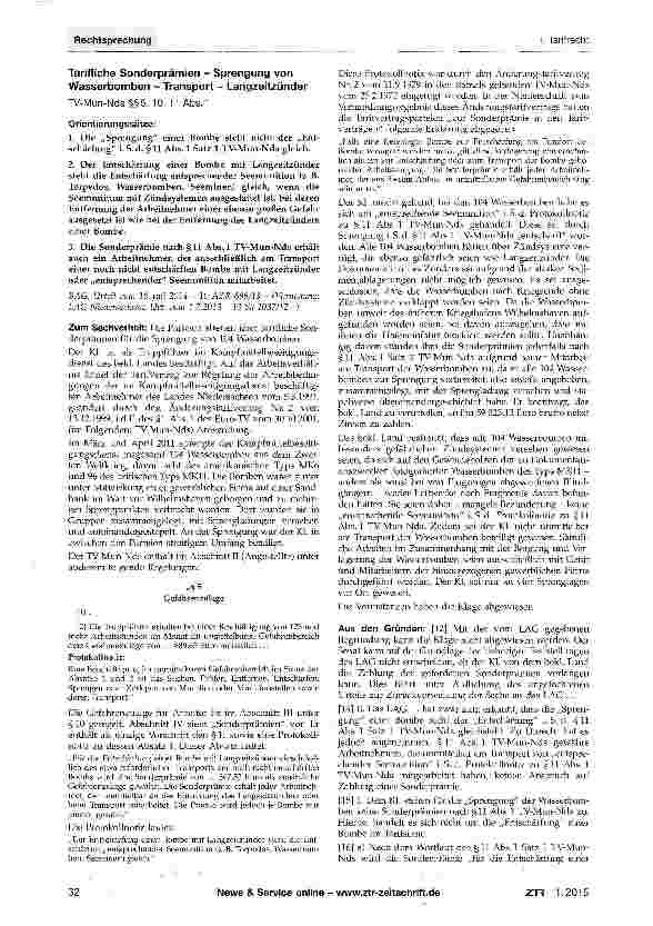 Vorschauseite 1: Tarifliche Sonderprämien - Sprengung von Wasserbomben - Transport - LangzeitzünderTV-Mun-Nds §§5,10,11 Abs. 1