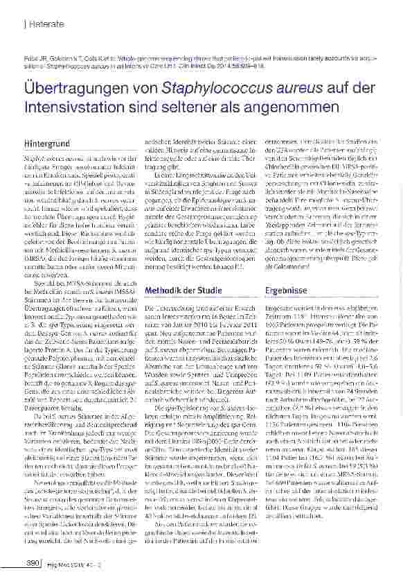 Vorschauseite 1: Übertragungen von Staphylococcus aureus auf der Intensivstation sind seltener als angenommen