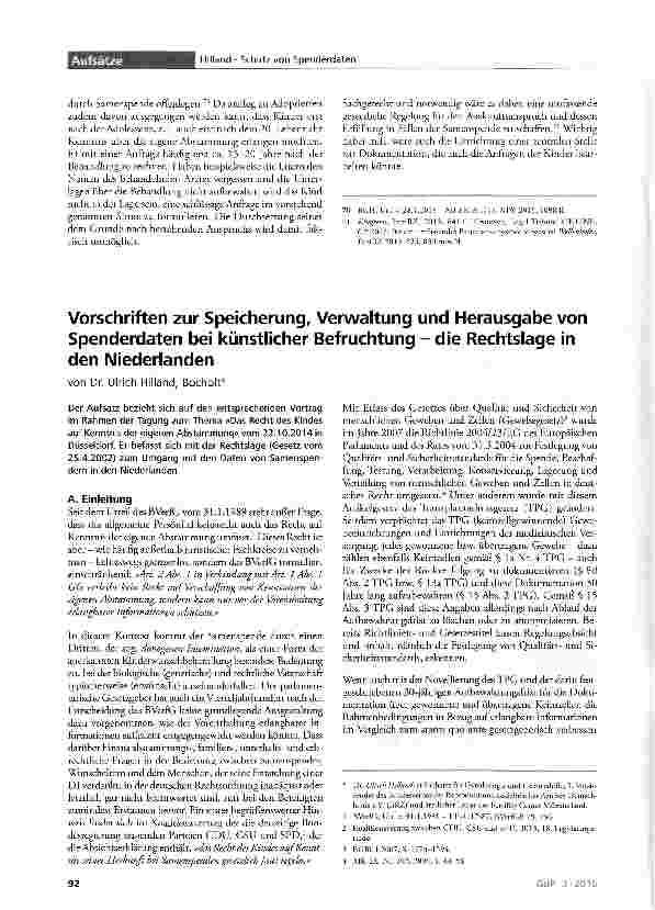 Vorschauseite 1: Vorschriften zur Speicherung, Verwaltung und Herausgabe von Spenderdaten bei künstlicher Befruchtung - die Rechtslage in den Niederlanden