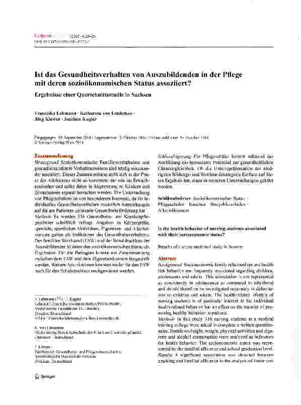 Vorschauseite 1: Ist das Gesundheitsverhalten von Auszubildenden in der Pflege mit deren sozioökonomisehen Status assoziiert?