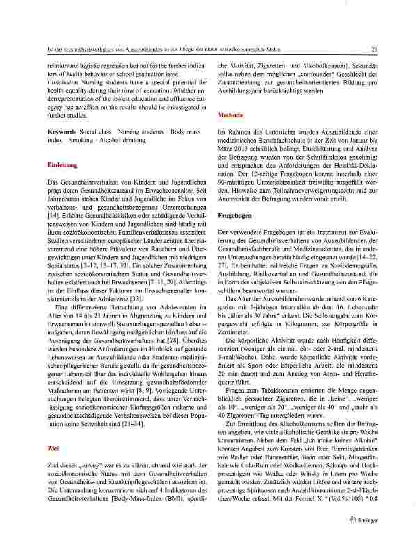 Vorschauseite 2: Ist das Gesundheitsverhalten von Auszubildenden in der Pflege mit deren sozioökonomisehen Status assoziiert?