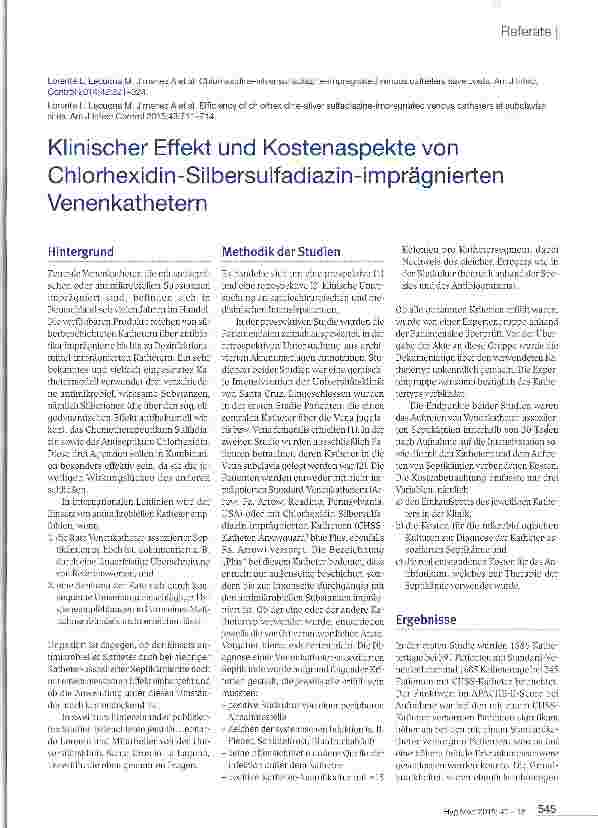Vorschauseite 1: Klinischer Effekt und Kostenaspekte von Chlorhexidin-SilbersulfadiazinimprägniertenVenenkathetern