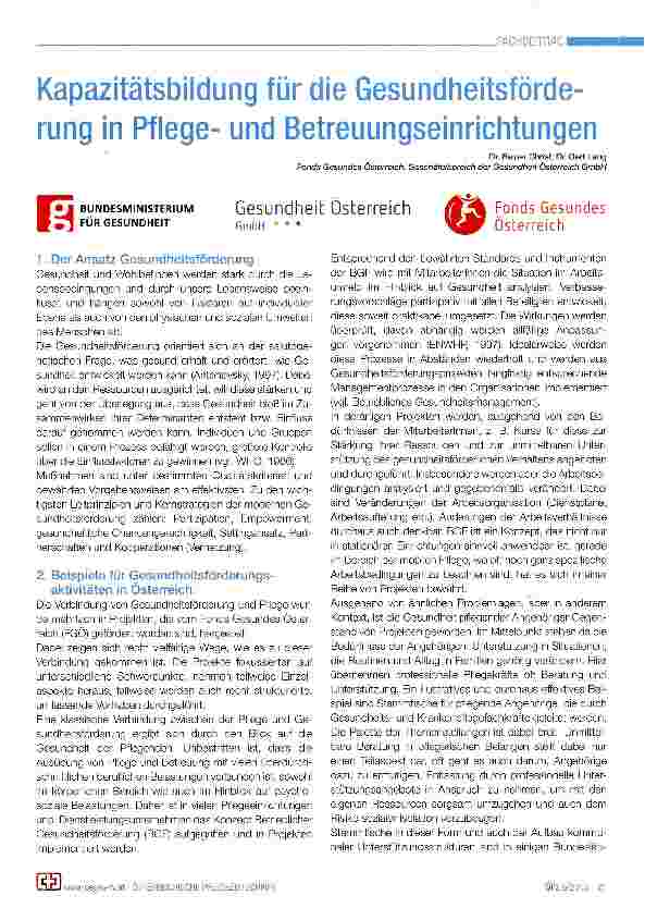 Vorschauseite 1: Kapazitätsbildung für die Gesundheitsförderung in Pflegeund Betreuungseinrichtungen