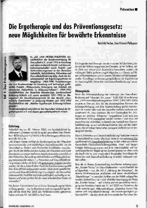 Vorschauseite 1: Die Ergotherapie und das Präventionsgesetz: neue Möglichkeiten für bewährte Erkenntnisse