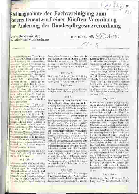 Vorschauseite 1: Stellungnahme der Fachvereinigung zum Referentenentwurf einer Fünften Verordnung zur Änderung der Bundespflegesatzverordnung